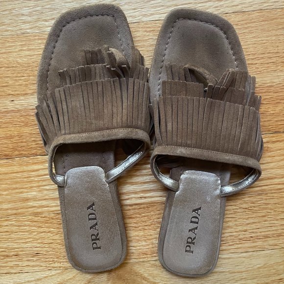 PRADA Light Brown Suede Fringe Sandal - Size 37 - Picture 1 of 3